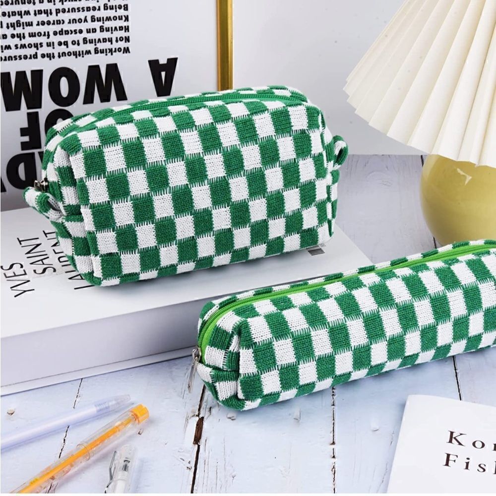 Green Checkered Makeup Bag Set